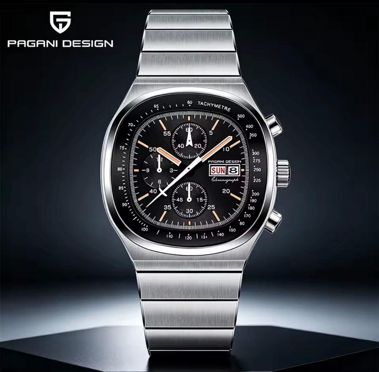 Pagani Design PD-1819 black dial front view showing its tachymetre ring and cushion case