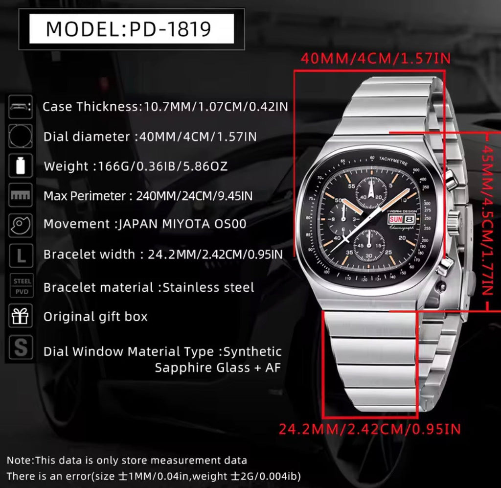 Pagani Design PD-1819 spec chart: 40mm dial, 10.7mm case, Miyota OS00 quartz, sapphire glass