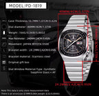 Pagani Design PD-1819 spec chart: 40mm dial, 10.7mm case, Miyota OS00 quartz, sapphire glass