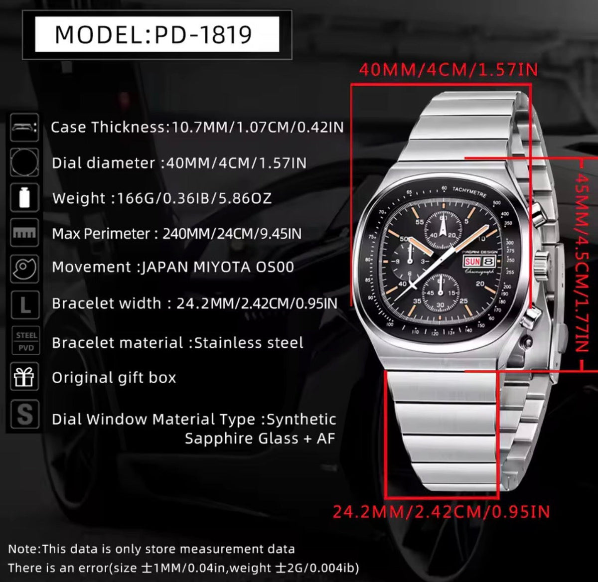 Pagani Design PD-1819 spec chart: 40mm dial, 10.7mm case, Miyota OS00 quartz, sapphire glass