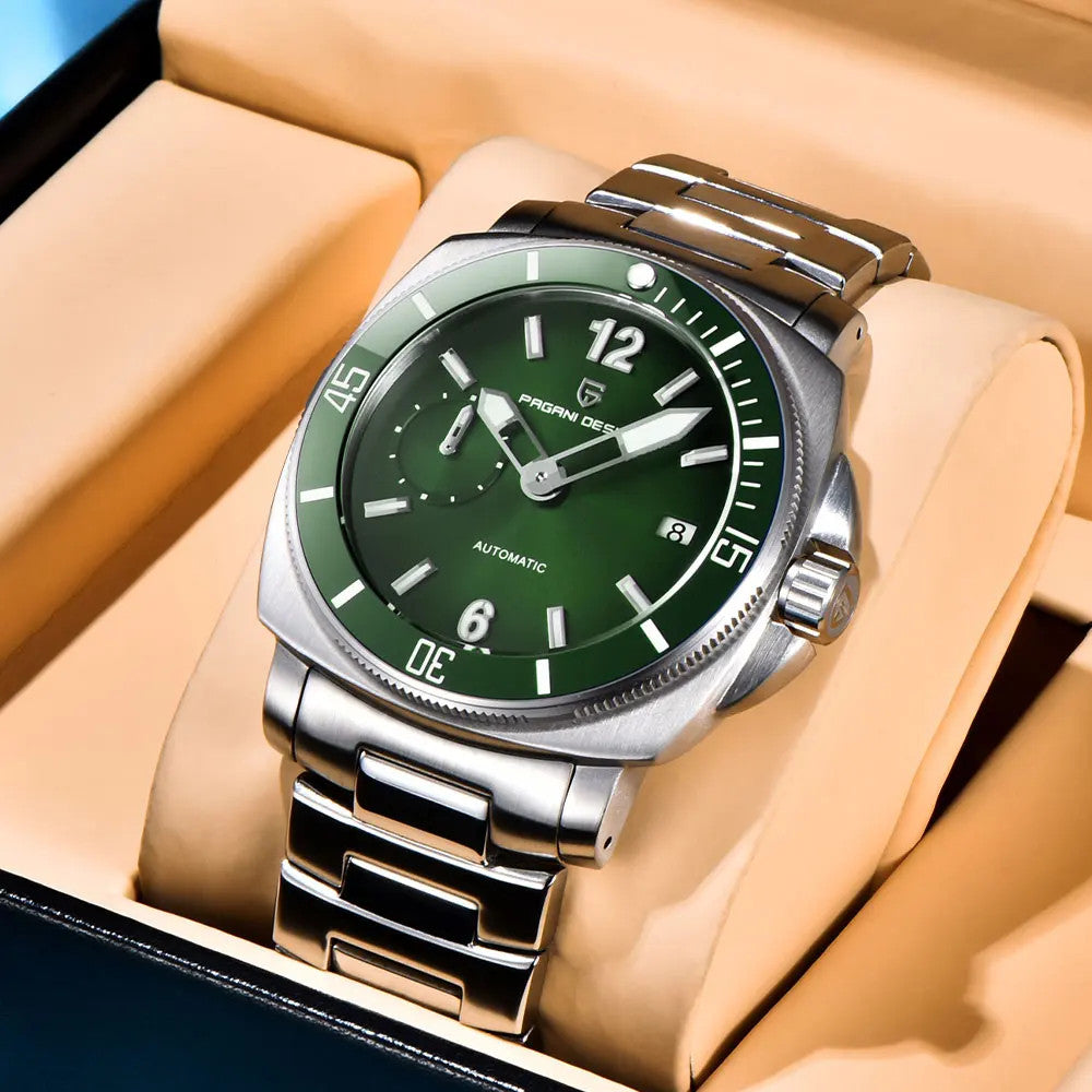 PAGANI DESIGN PD-1820 automatic watch with green dial in gift box, detail view
