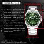 PAGANI DESIGN PD-1820 specifications graphic with 43mm case dimensions and 8220A movement