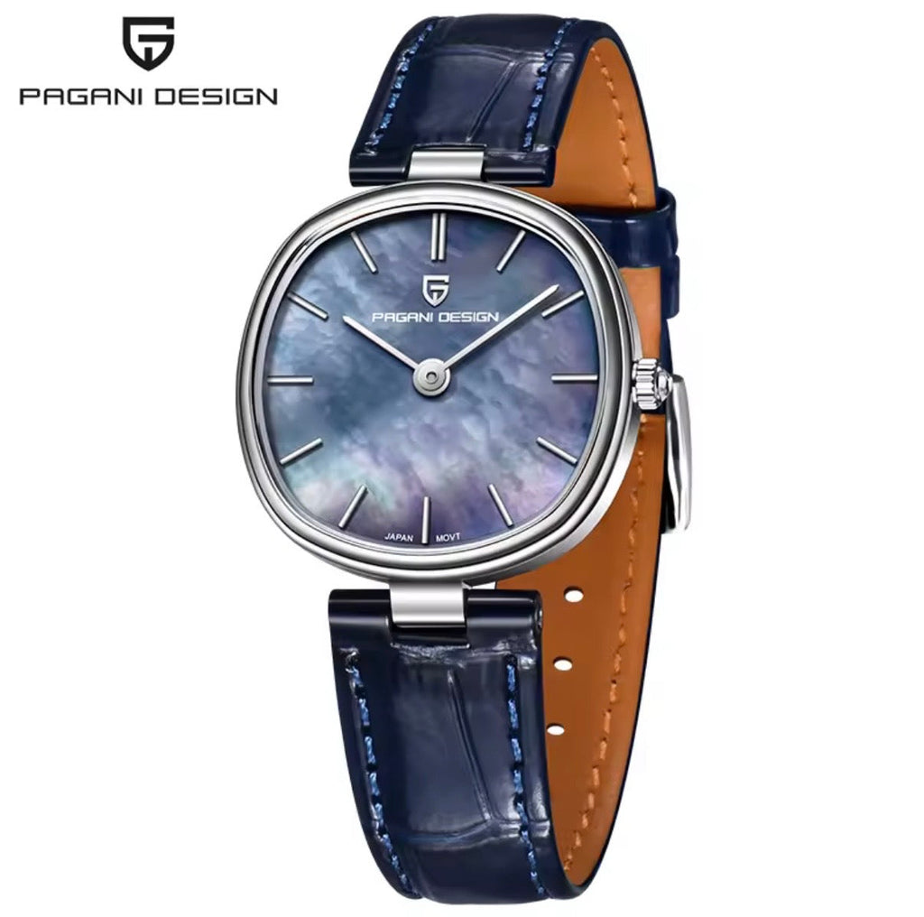 Pagani Design PD-1825 blue mother-of-pearl dial 32mm women's quartz watch on blue leather strap