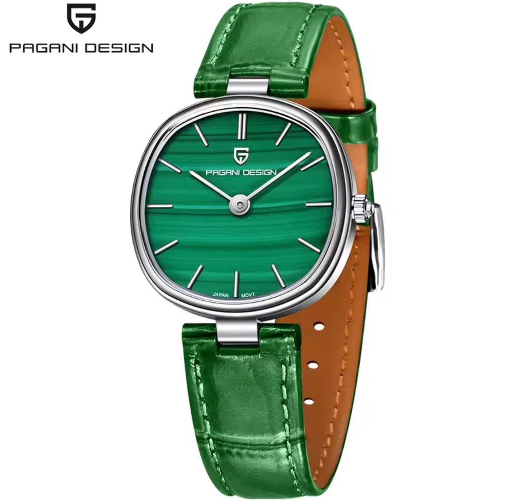 Pagani Design PD-1825 green malachite dial women's quartz watch with green leather strap