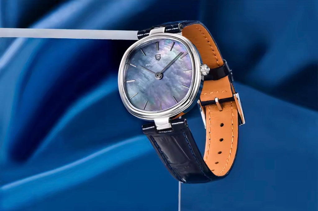 Pagani Design PD-1825 blue mother-of-pearl dial at an angle with blue strap and tan lining