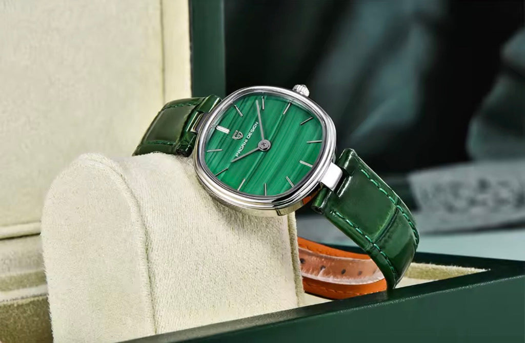 Pagani Design PD-1825 green malachite dial resting on the pillow of its original gift box