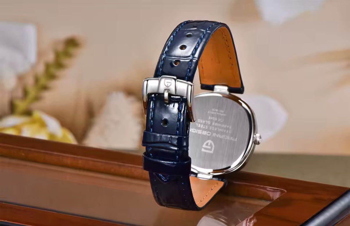 Pagani Design PD-1825 stainless steel pin buckle on the blue leather strap, caseback behind