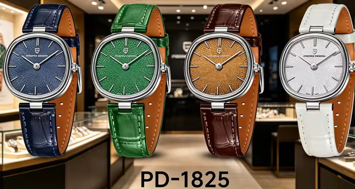 Pagani Design PD-1825 in all four colours: blue, green, brown and white leather straps