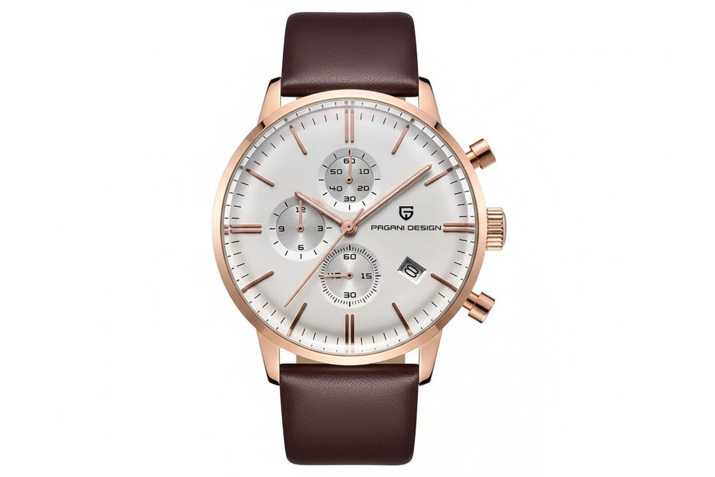 PAGANI DESIGN PD-2720K chronograph with rose gold case, white dial and brown leather strap, front view