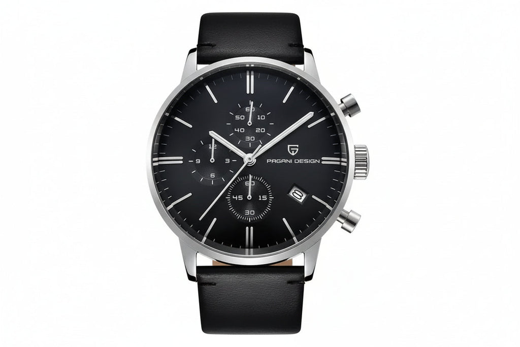 PAGANI DESIGN PD-2720K chronograph with silver case, black dial and black leather strap, front view