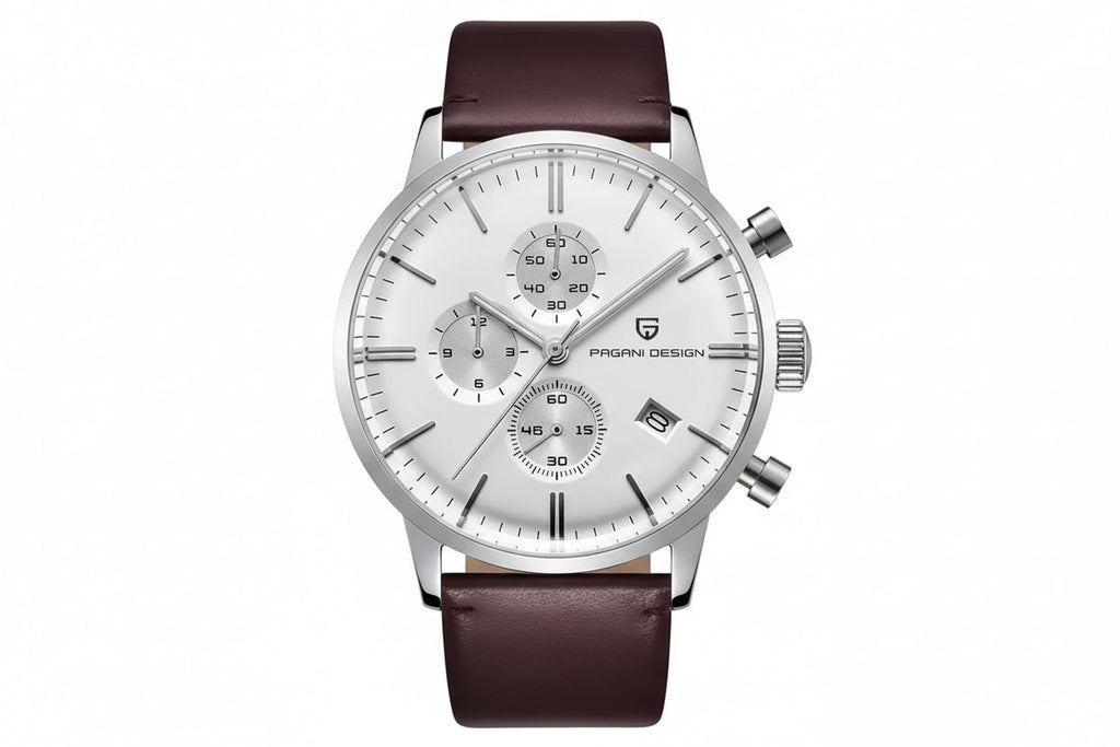 PAGANI DESIGN PD-2720K chronograph with silver case, white dial and steel bracelet, front view