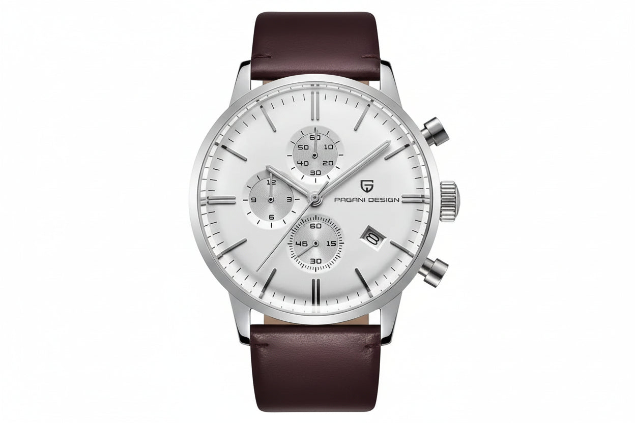 PAGANI DESIGN PD-2720K chronograph with silver case, white dial and steel bracelet, front view