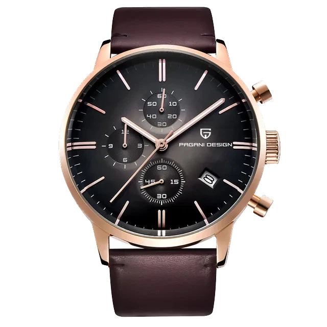 Pagani Design PD-2720K chronograph watch black dial rose gold case brown leather strap front view