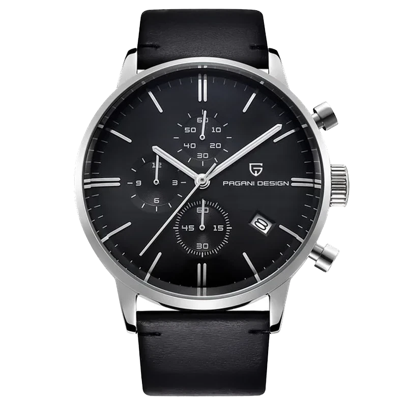 Pagani Design PD-2720K chronograph watch black dial silver case black leather strap front view