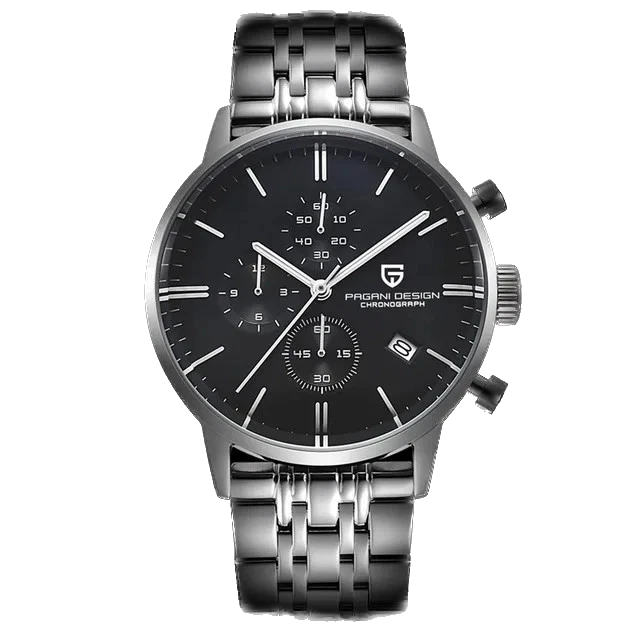 Pagani Design PD-2720K chronograph watch black dial silver case stainless steel bracelet front view