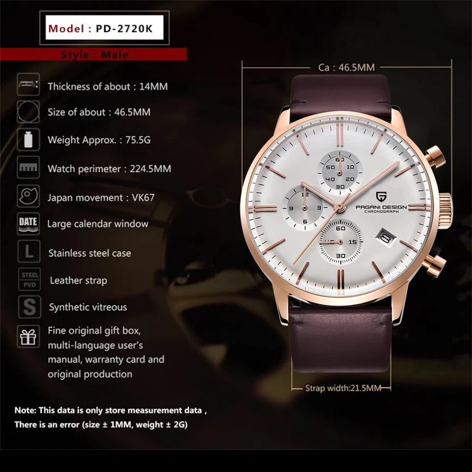 Specification infographic for Pagani Design PD-2720K chronograph watch with dimensions weight movement and strap details