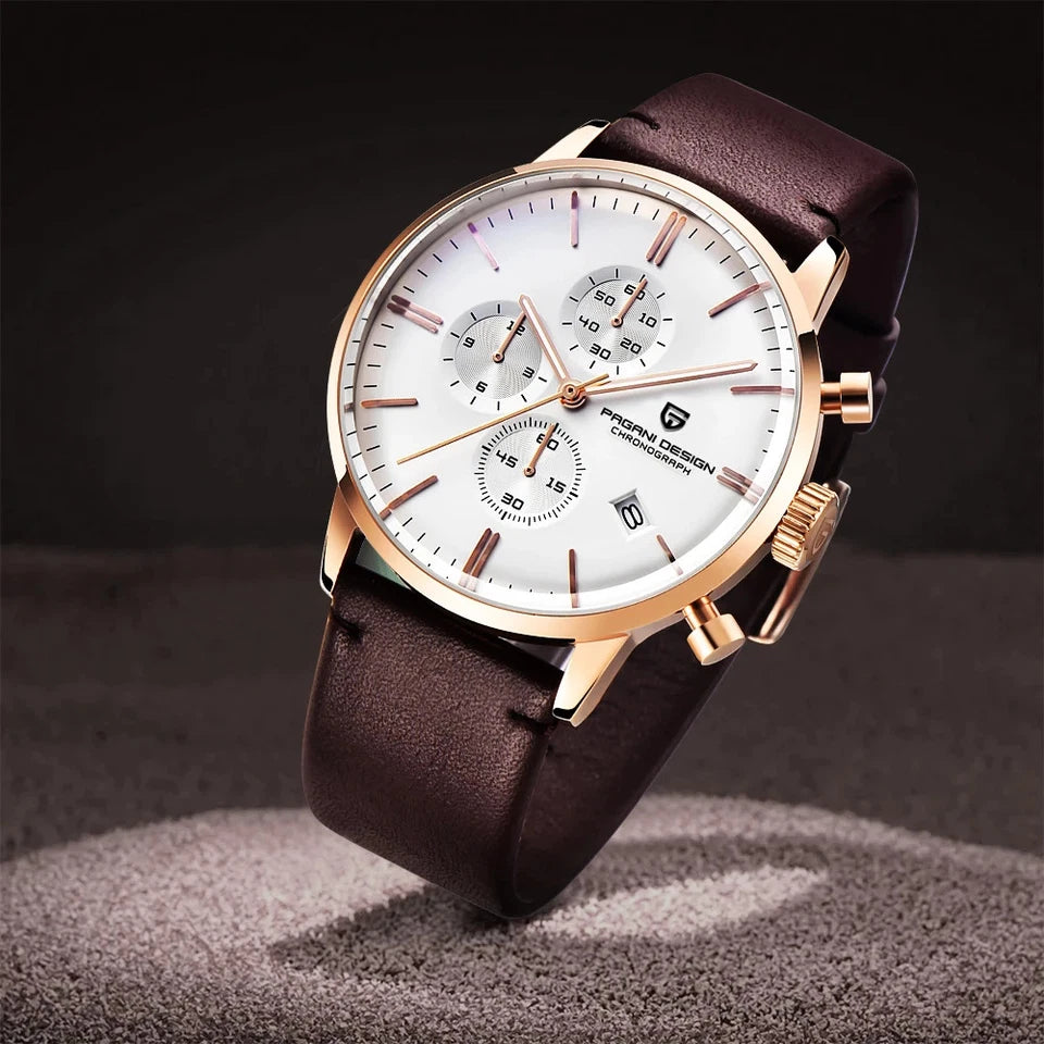 Angled lifestyle photo of Pagani Design PD-2720K chronograph watch white dial rose gold case brown leather strap on textured surface