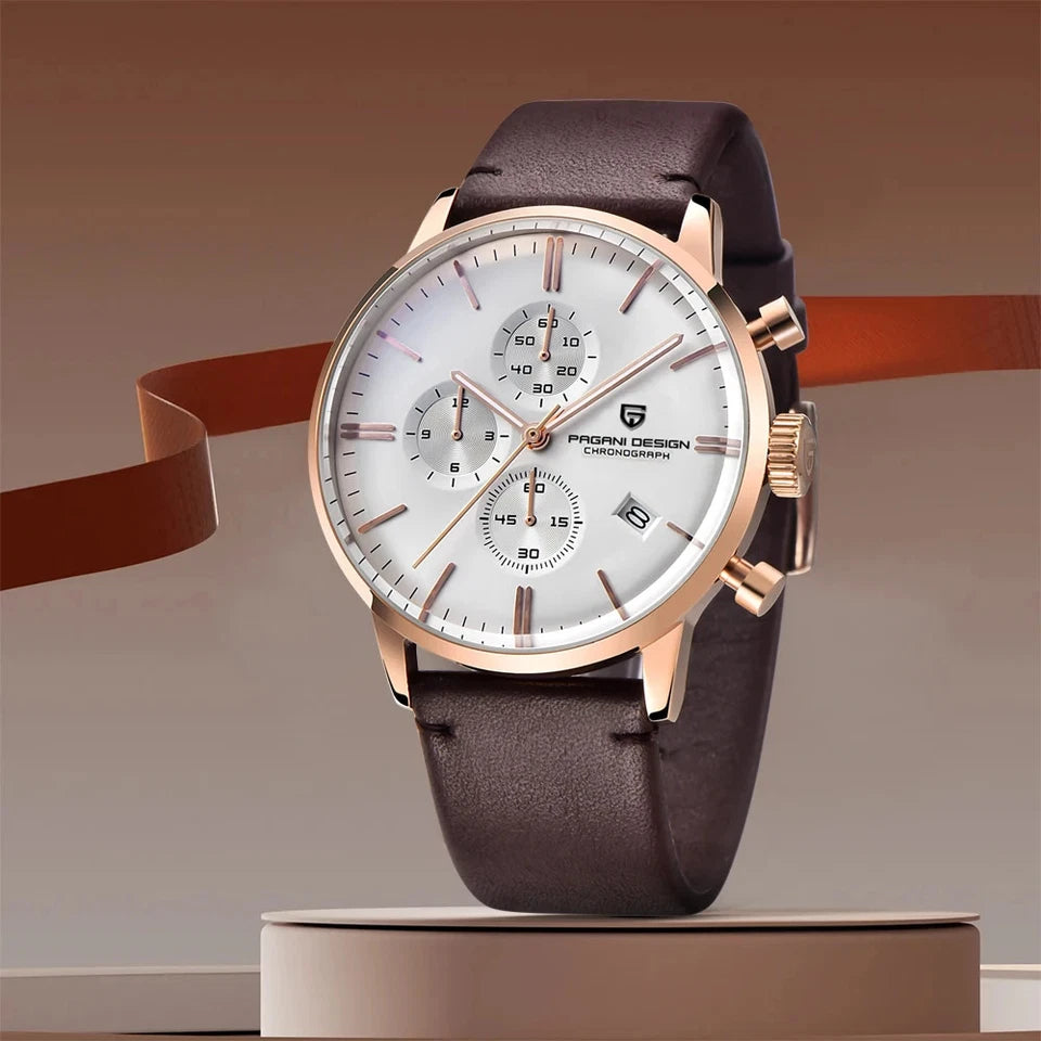 Lifestyle photo of Pagani Design PD-2720K chronograph watch white dial rose gold case brown leather strap on stand