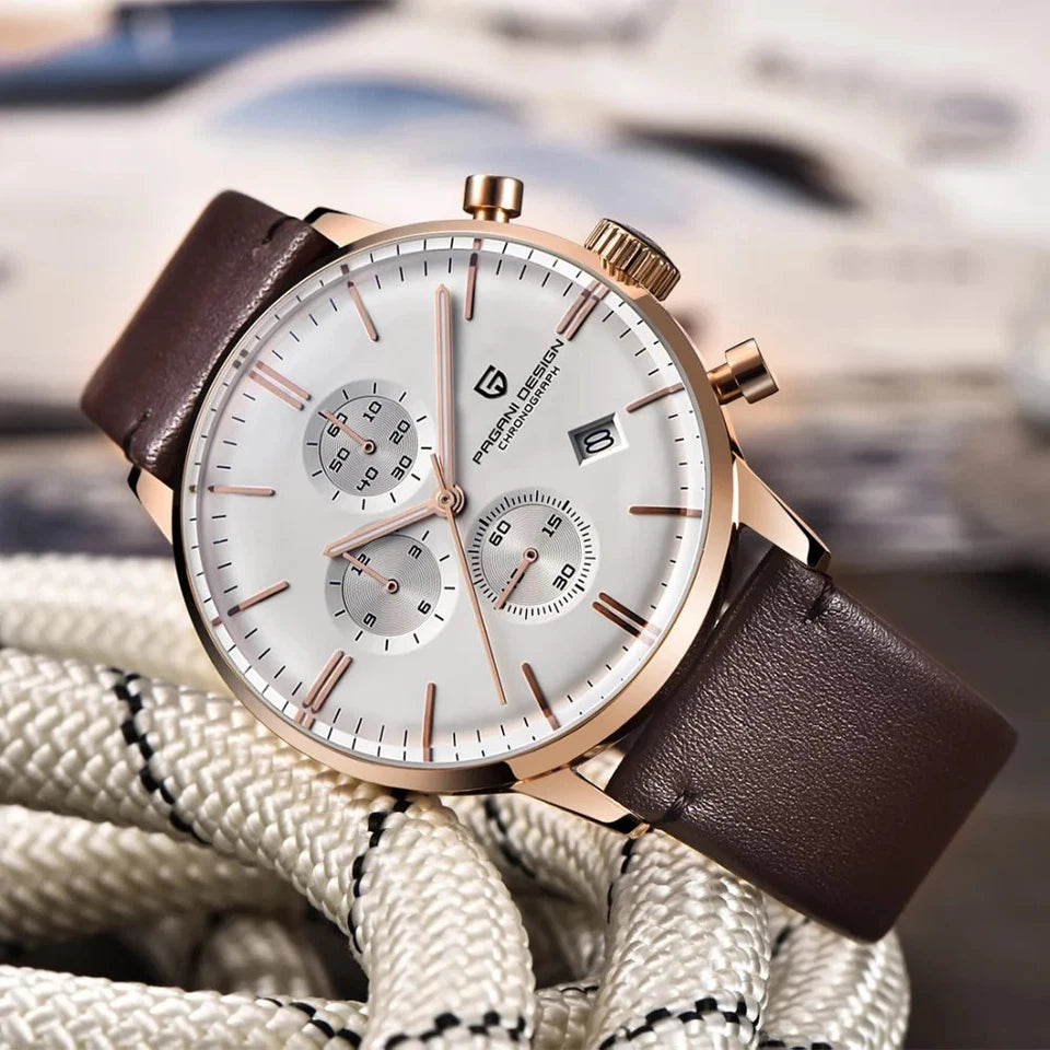 Lifestyle photo of Pagani Design PD-2720K chronograph watch white dial rose gold case brown leather strap on coiled rope nautical background