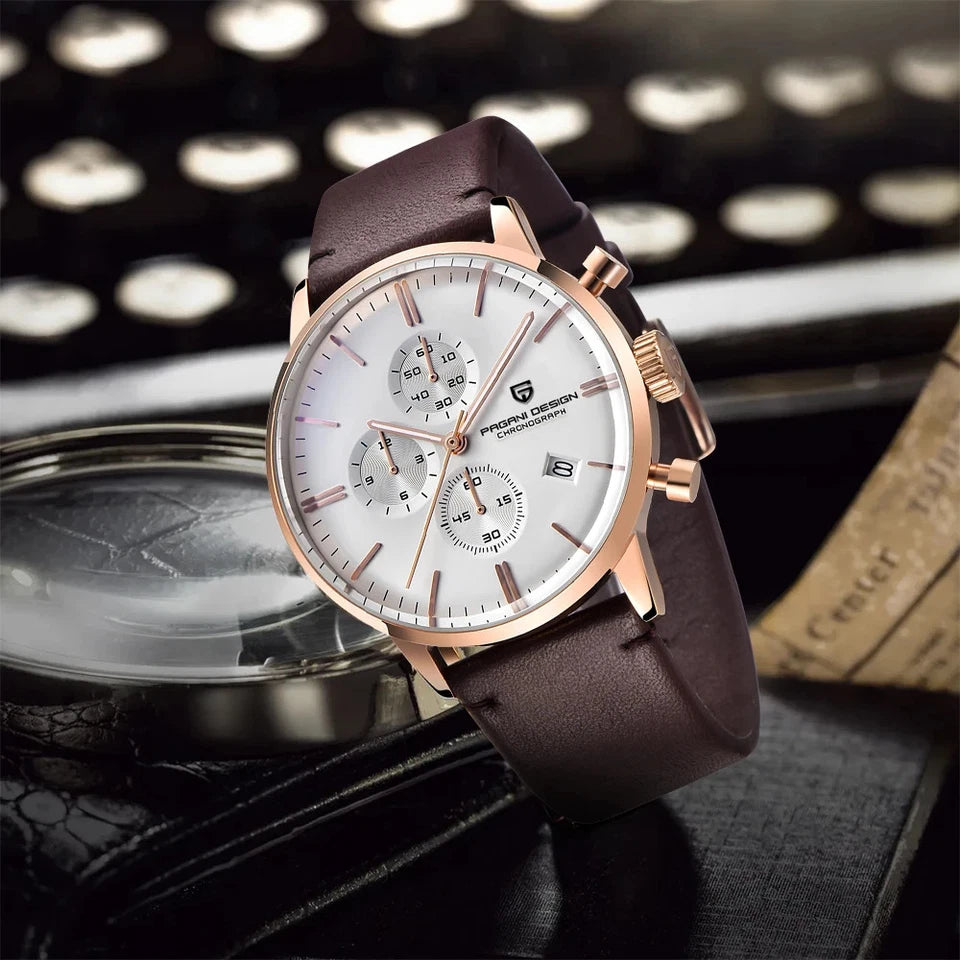 Vintage lifestyle photo of Pagani Design PD-2720K chronograph watch white dial rose gold case brown leather strap on magnifier background