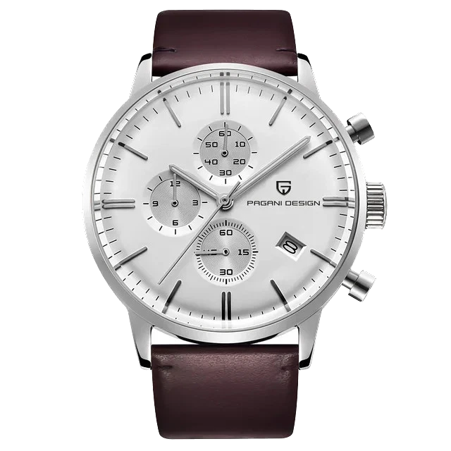 Pagani Design PD-2720K chronograph watch white dial silver case brown leather strap front view