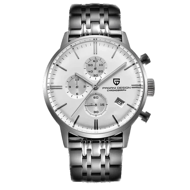 Pagani Design PD-2720K chronograph watch white dial silver case stainless steel bracelet front view