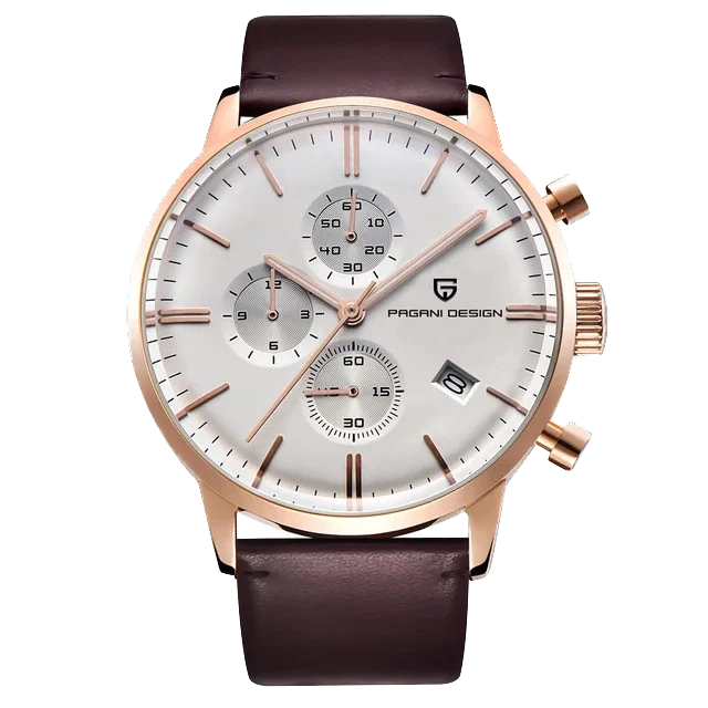 Pagani Design PD-2720K chronograph watch white dial rose gold case brown leather strap front view