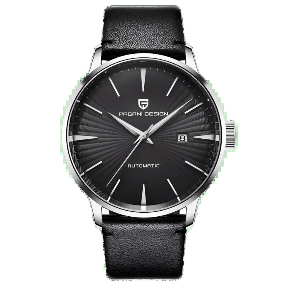 Pagani Design PD-2770 black dial automatic watch with steel case and black leather strap