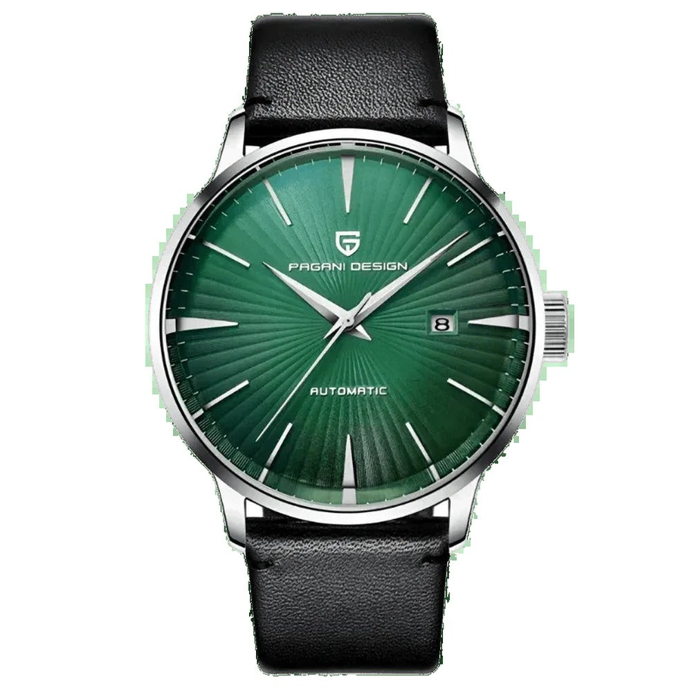 Pagani Design PD-2770 green sunburst dial automatic watch, steel case on black leather strap