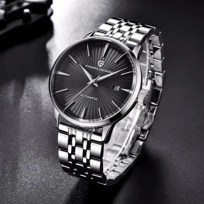 Pagani Design PD-2770 three-quarter view of the black textured dial and polished steel bracelet