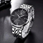 Pagani Design PD-2770 three-quarter view of the black textured dial and polished steel bracelet