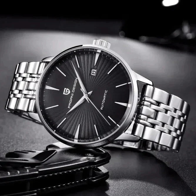 Pagani Design PD-2770 monochrome angled shot of the black guilloche dial and slim steel case