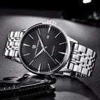 Pagani Design PD-2770 monochrome angled shot of the black guilloche dial and slim steel case