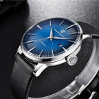 Pagani Design PD-2770 blue dial angled shot on black leather strap with signed fluted crown