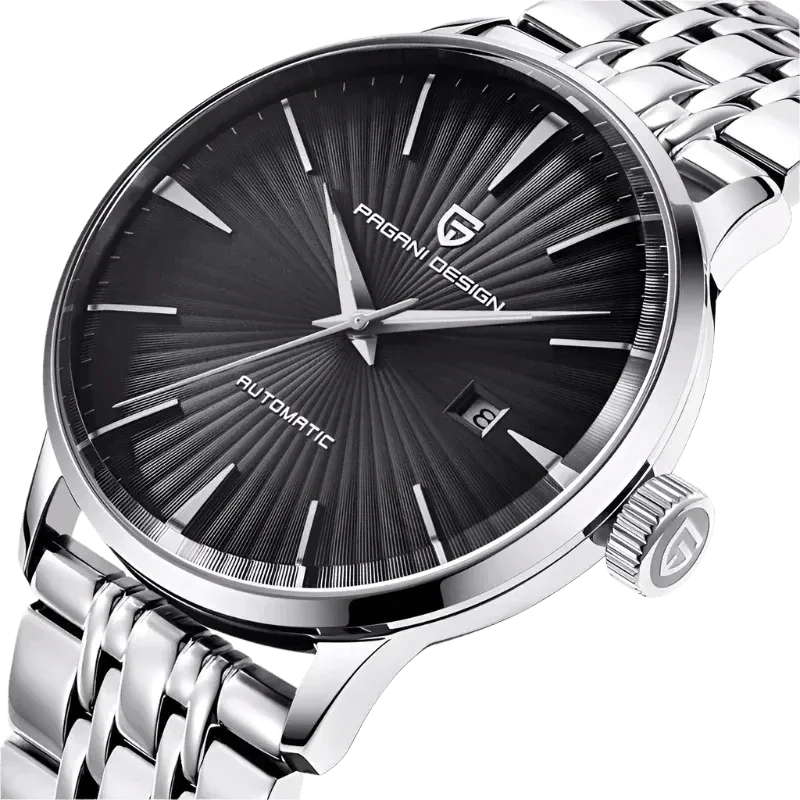 Pagani Design PD-2770 black dial angled view on stainless steel bracelet with date window