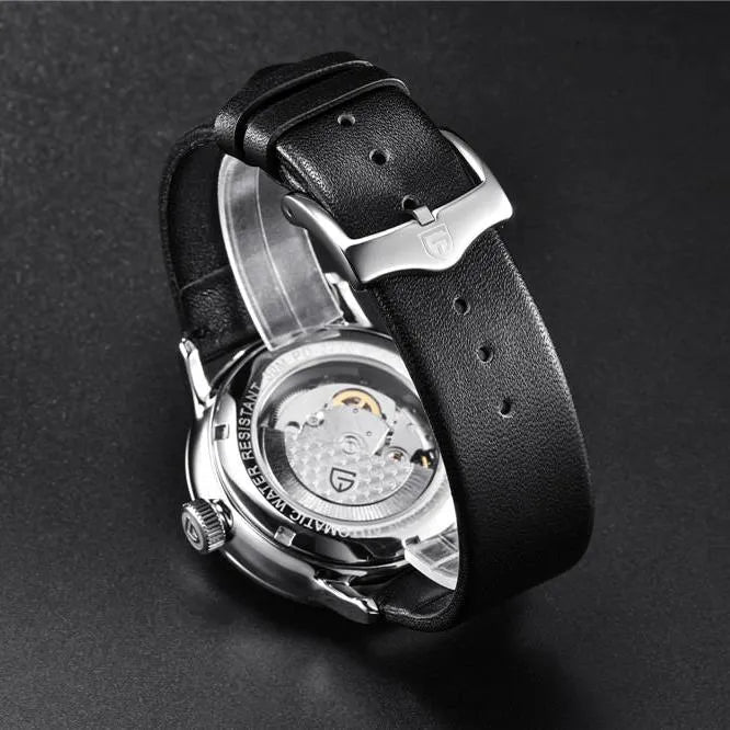 Pagani Design PD-2770 black leather strap and signed pin buckle beside the exhibition caseback