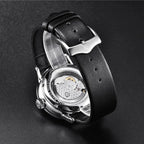 Pagani Design PD-2770 black leather strap and signed pin buckle beside the exhibition caseback