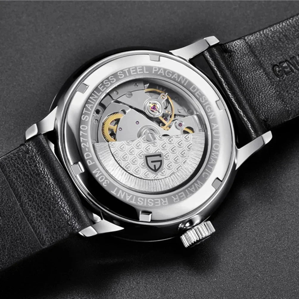 Pagani Design PD-2770 exhibition caseback showing the automatic movement and engraved case ring