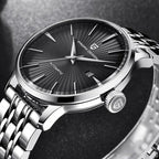 Pagani Design PD-2770 close-up of the signed crown and black guilloche dial on steel bracelet