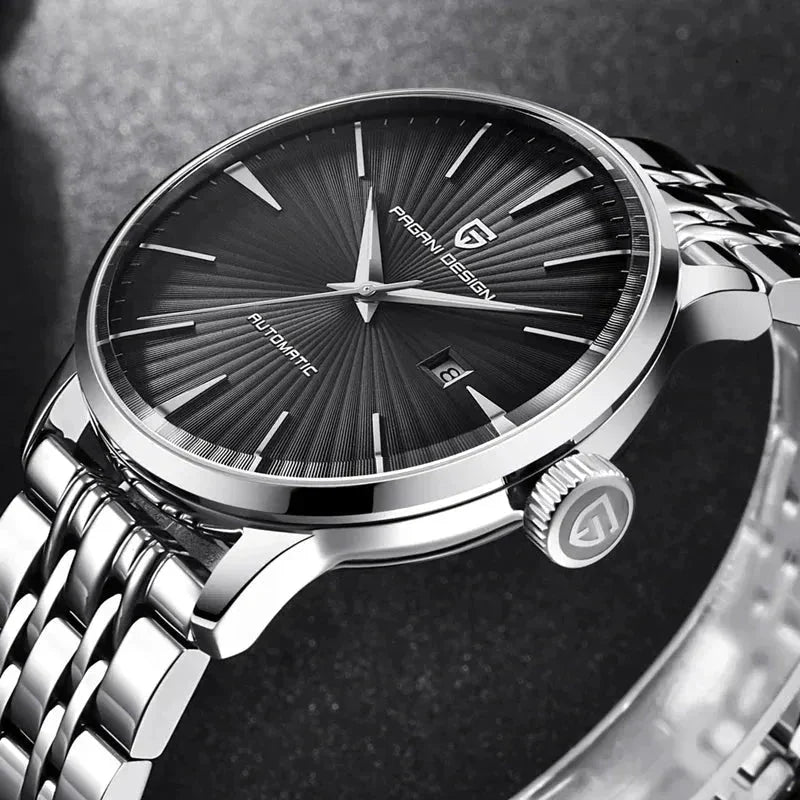 Pagani Design PD-2770 close-up of the signed crown and black guilloche dial on steel bracelet