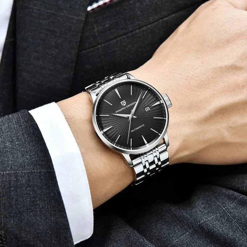 Pagani Design PD-2770 worn on the wrist with a suit, black dial and steel bracelet