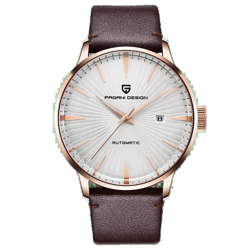 Pagani Design PD-2770 white dial automatic watch, rose gold case on brown leather strap