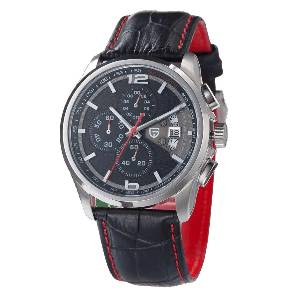 Pagani Design PD-3306 black chronograph dial, steel 44mm case, black leather strap with red lining