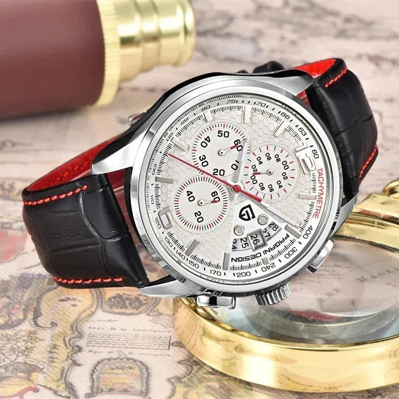 Pagani Design PD-3306 white dial chronograph on its side, tachymeter bezel and pushers visible