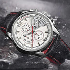 Pagani Design PD-3306 white dial chronograph angled on a wet surface, red seconds hand