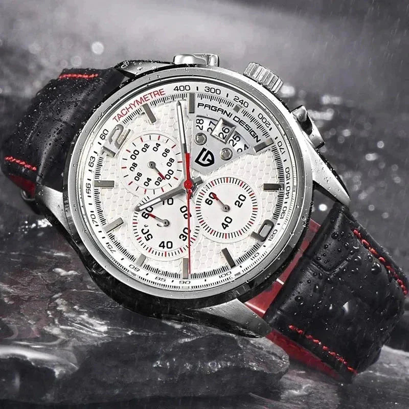 Pagani Design PD-3306 white dial chronograph angled on a wet surface, red seconds hand