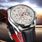 Pagani Design PD-3306 white dial chronograph shown against a sunset road backdrop