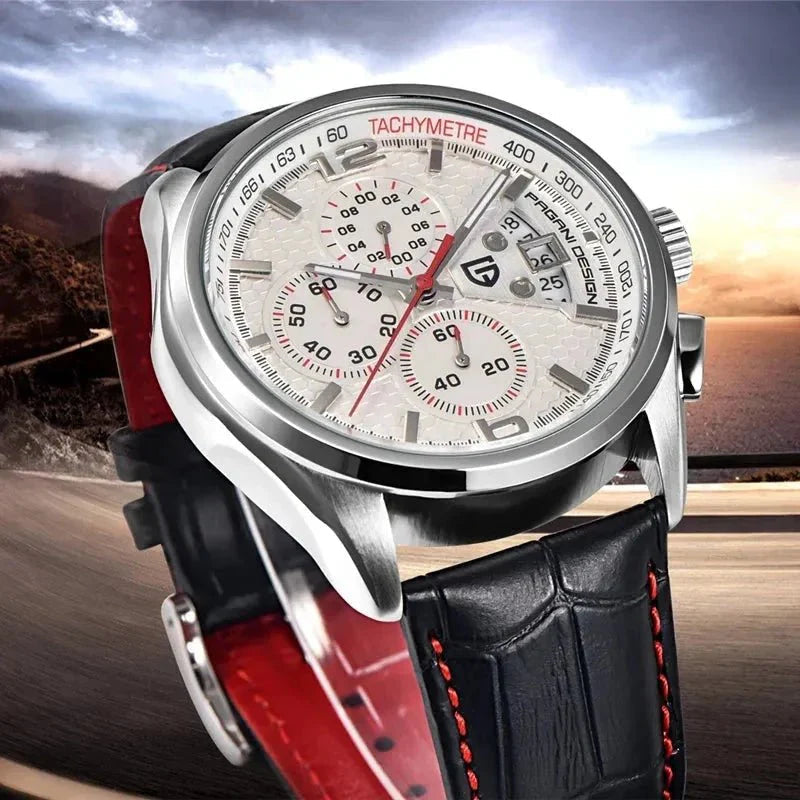 Pagani Design PD-3306 white dial chronograph shown against a sunset road backdrop