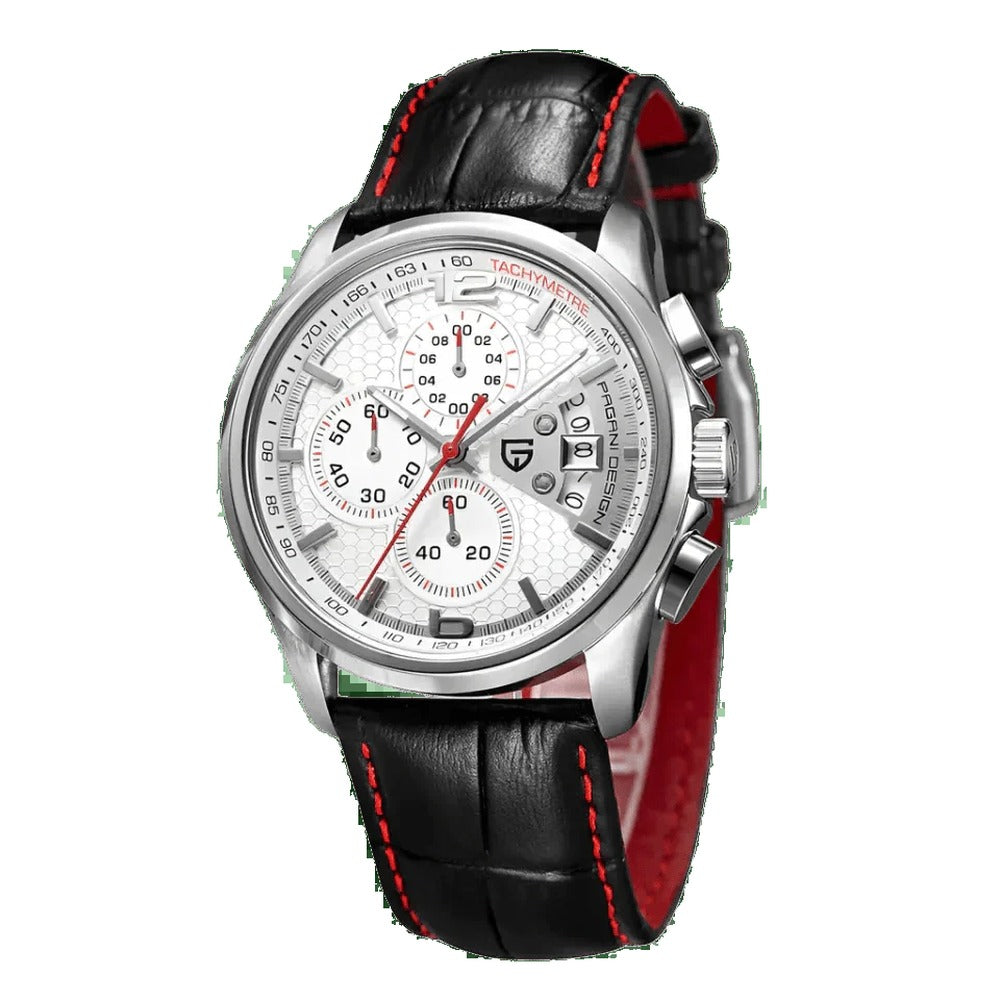 Pagani Design PD-3306 white chronograph dial with tachymeter, steel case and black leather strap