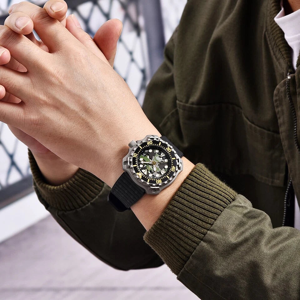 PAGANI DESIGN PD-YN009 camouflage hollow dial men's watch on rubber strap, wrist with olive jacket